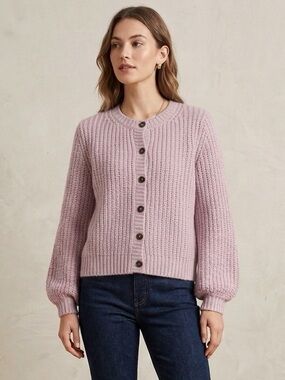 Boden Wide Rib Fluffy Wool-Blend Metallic Sparkle Cropped Pink Cardigan Size 12